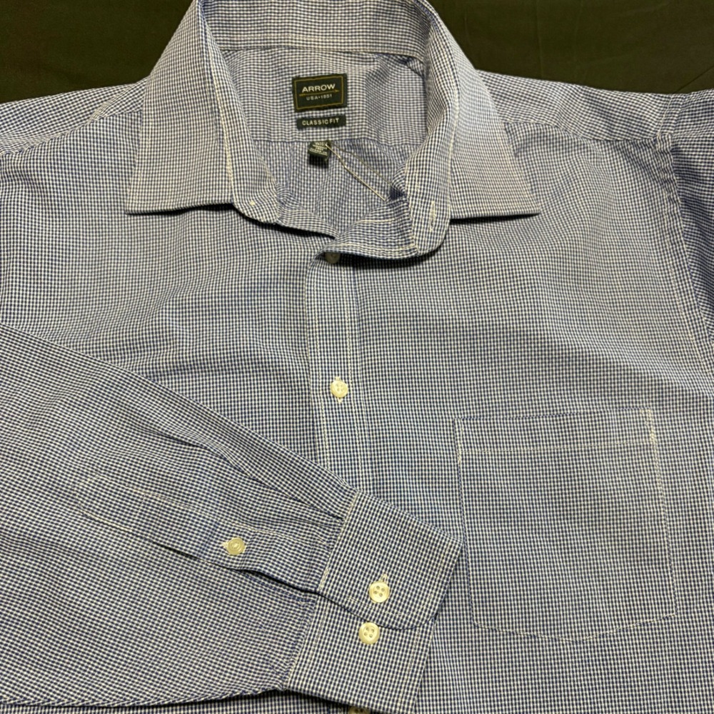 Arrow Mens Classic Fit Dress Shirt Blue White Gingham Wrinkle Free 17-17.5 36/37